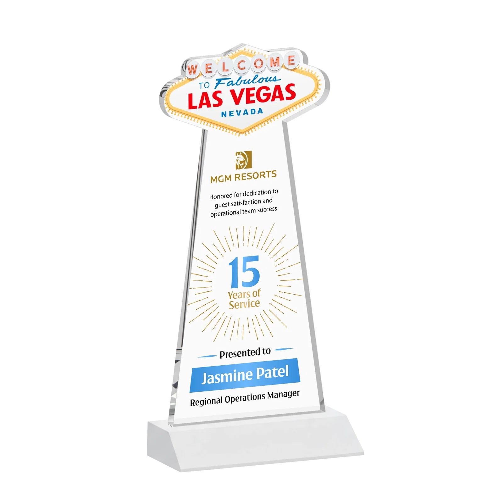 Customized Starfire Crystal Las Vegas Sign Award on Front-Mitered Base for company anniversary events