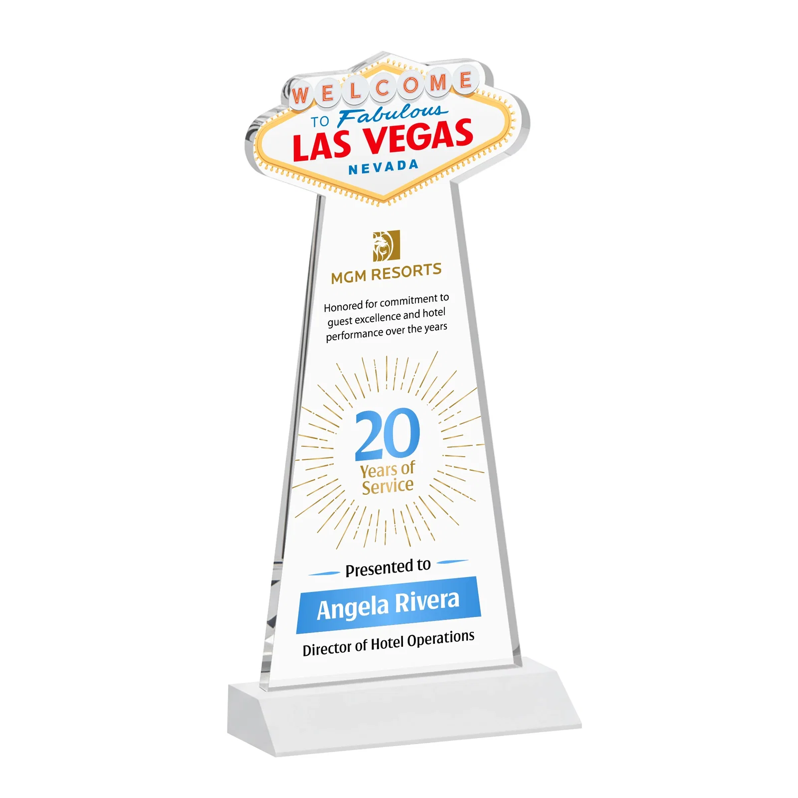 Custom engraved Starfire Crystal Las Vegas Sign Award on Front-Mitered Base for employee recognition