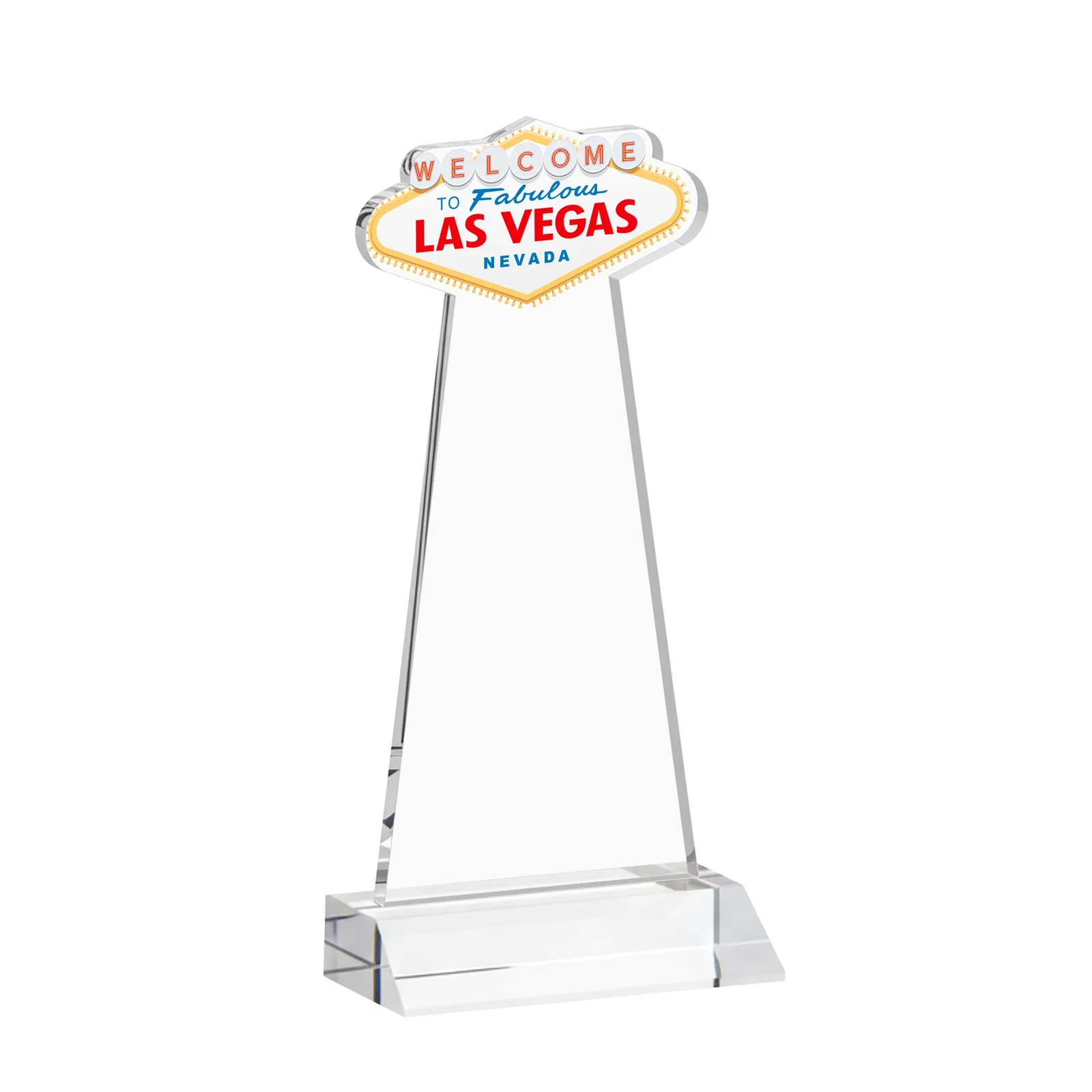 Custom engraved Starfire Crystal Las Vegas Sign Award on Front-Mitered Base for corporate award ceremonies