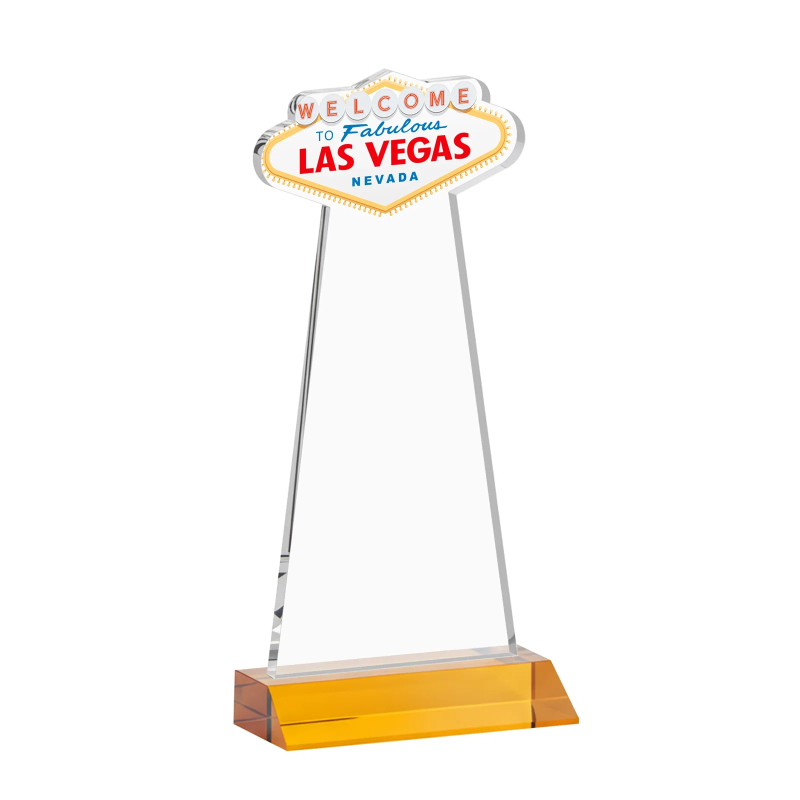 Custom engraved Starfire Crystal Las Vegas Sign Award on Front-Mitered Base for team milestone celebrations