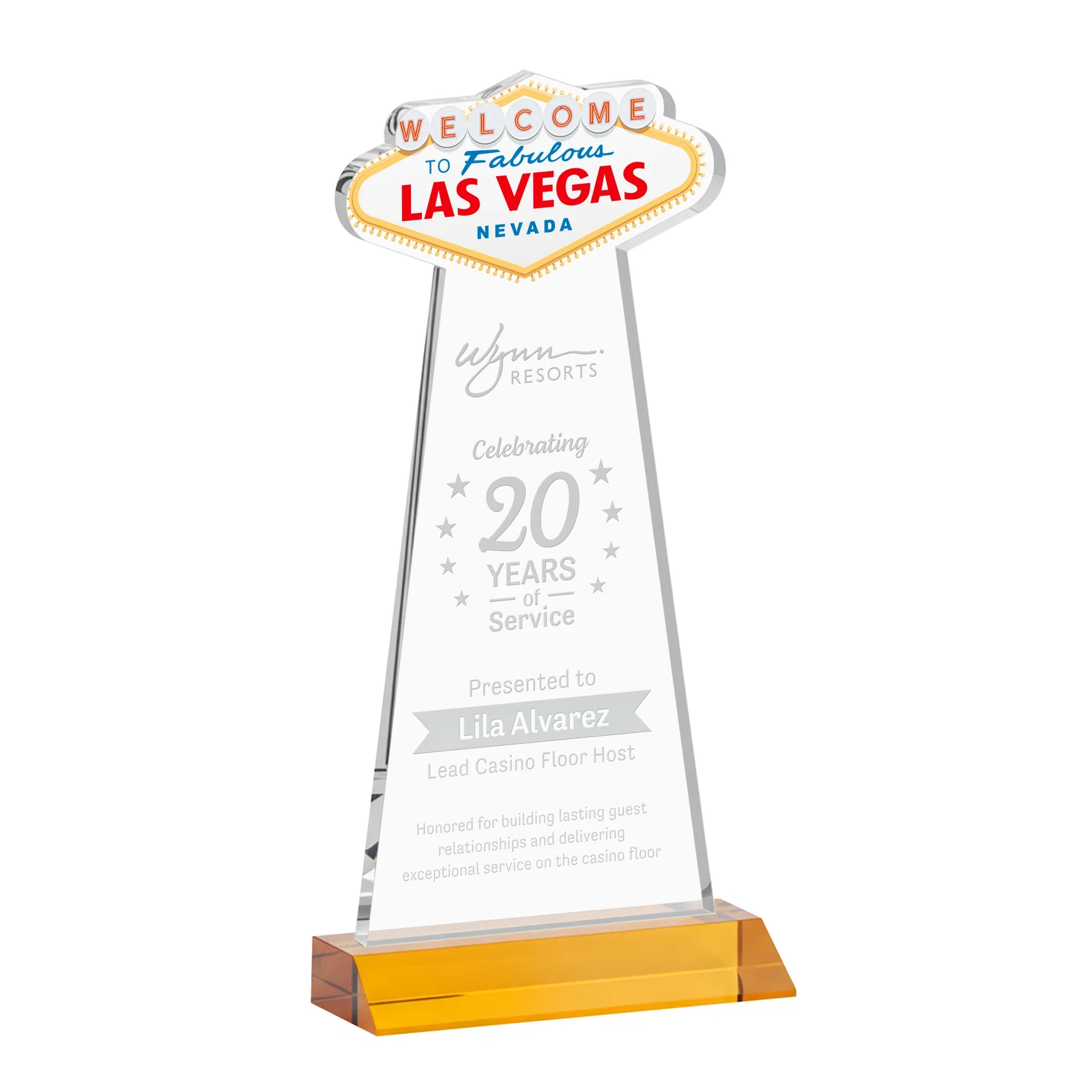Custom Starfire Crystal Las Vegas Sign Award on Front-Mitered Base for graduation ceremonies