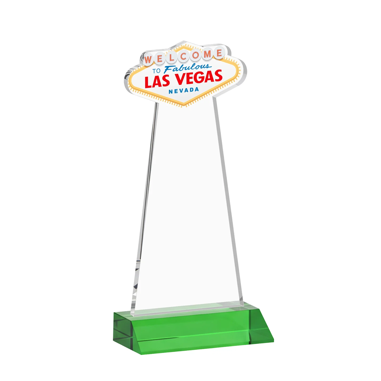 Custom engraved Starfire Crystal Las Vegas Sign Award on Front-Mitered Base for graduation ceremonies