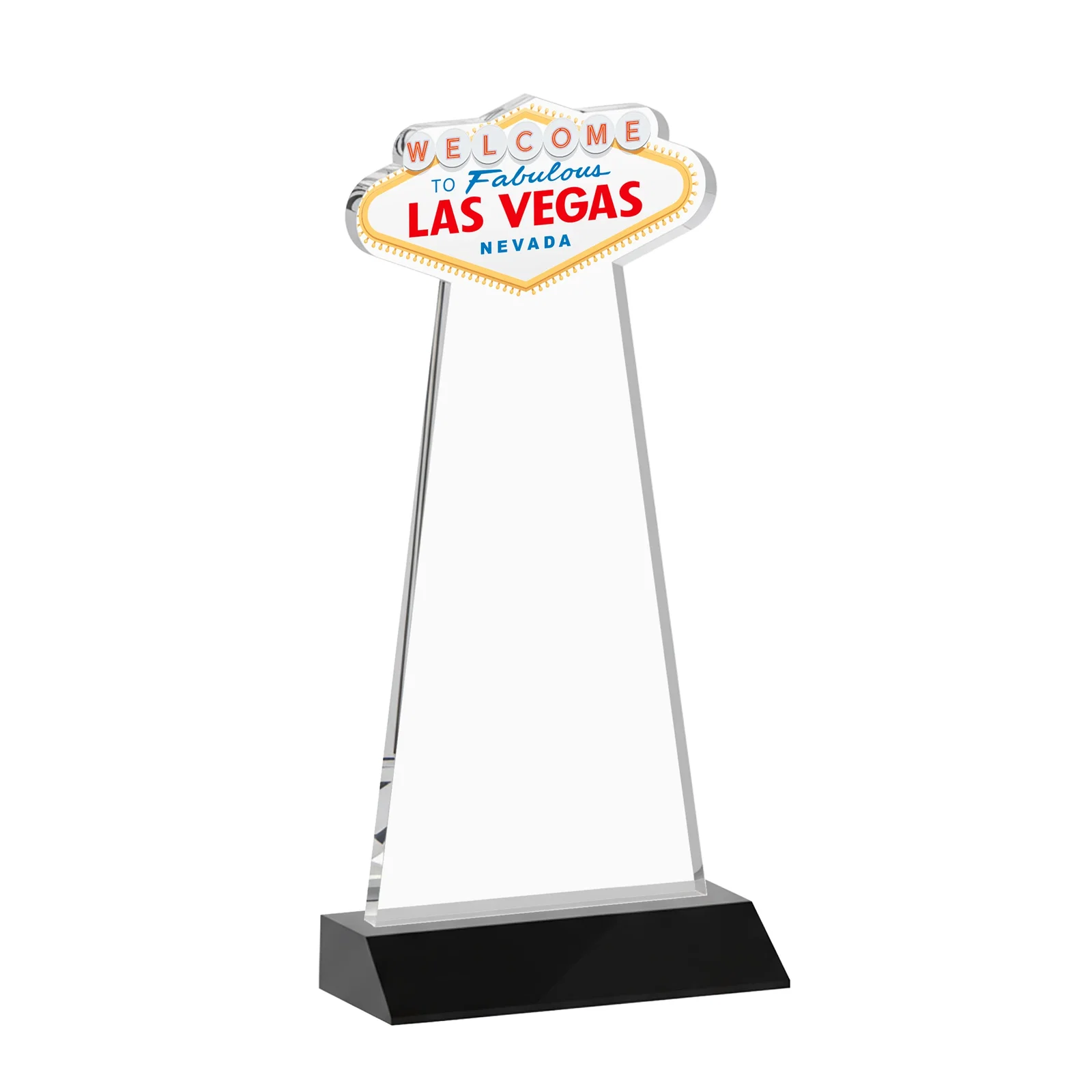 Custom engraved Starfire Crystal Las Vegas Sign Award on Front-Mitered Base for company anniversary events