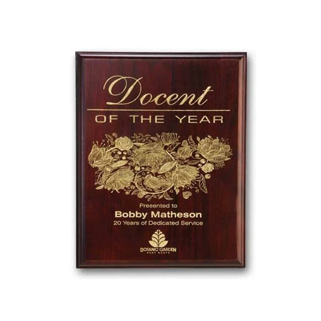 Custom Mahogany Walnut Wall Plaque with Direct Laser Engraving for corporate award ceremonies