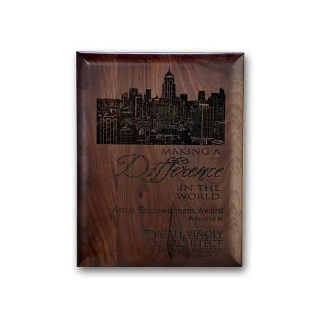 Custom Rolled-Edge Walnut Wall Plaque with Direct Laser Engraving for corporate award ceremonies