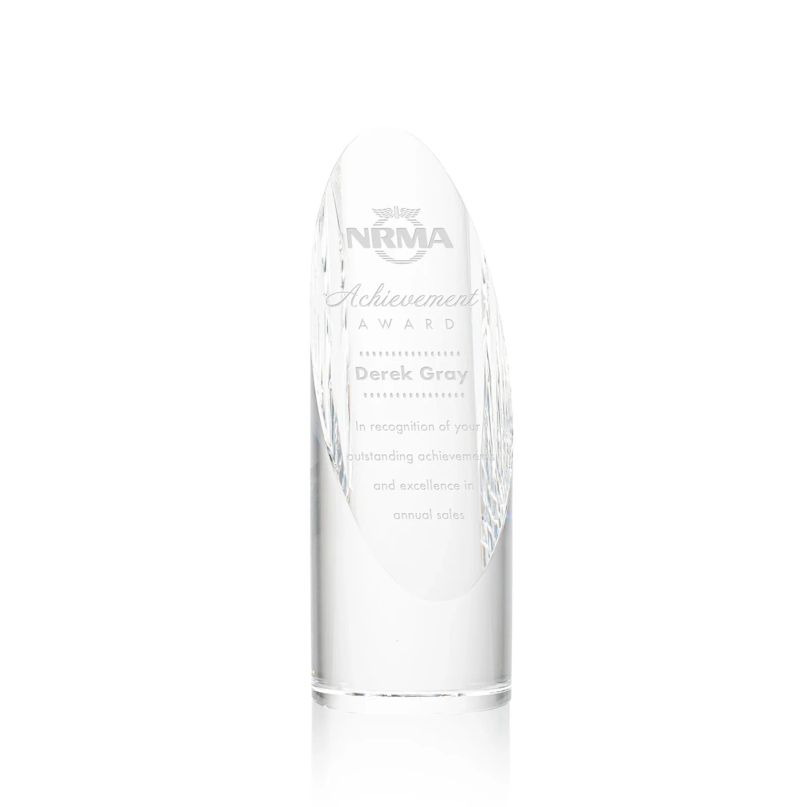 Custom Optical Crystal Round Pillar Award With Oval Etching Face for service anniversary gifts