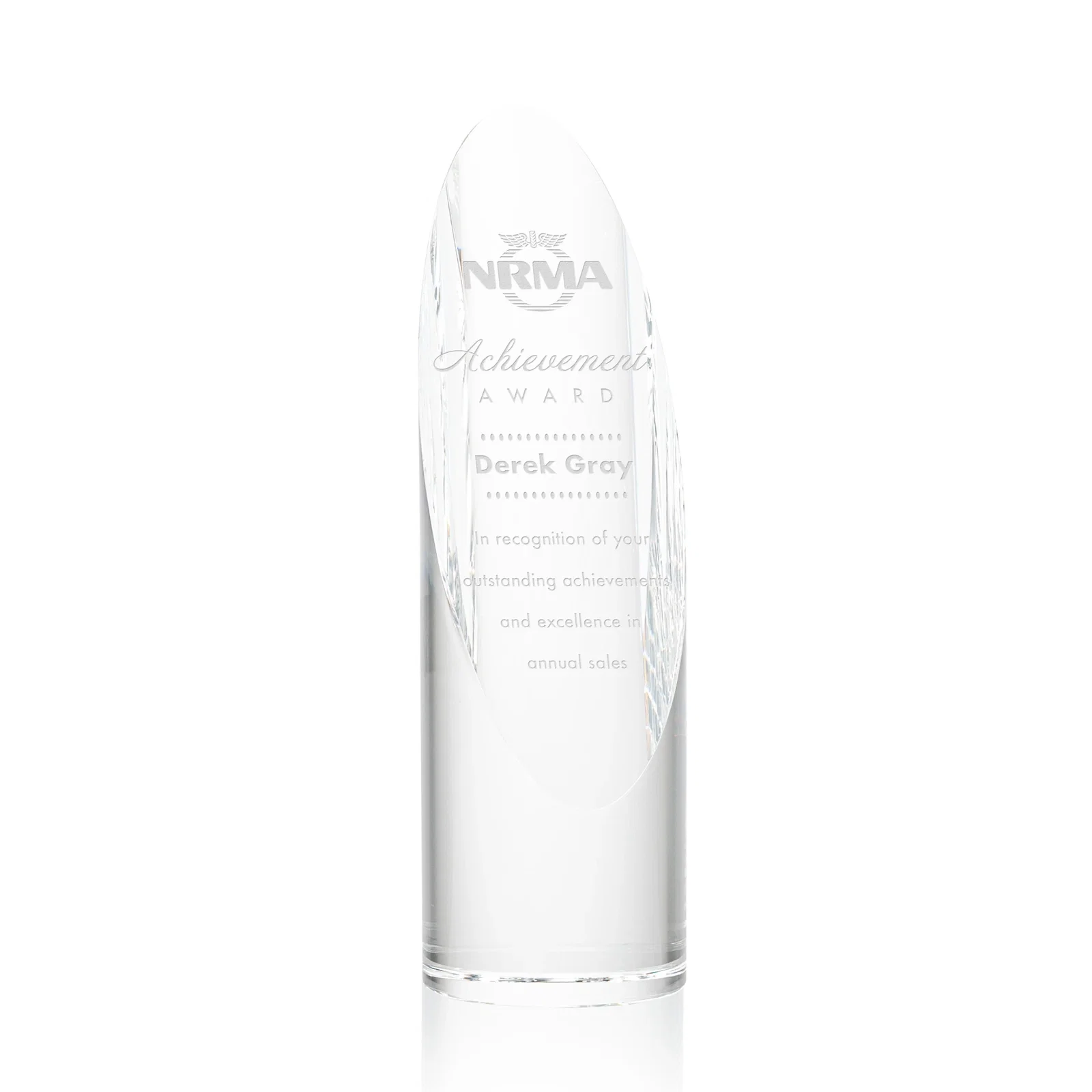 Custom Optical Crystal Round Pillar Award With Oval Etching Face for sales achievement awards