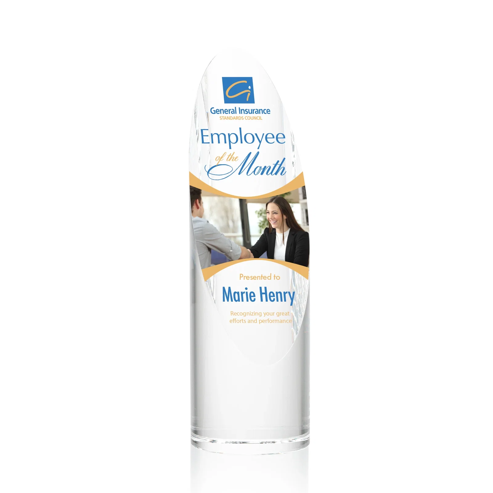 Custom Optical Crystal Round Pillar Award With Oval Etching Face for safety achievement programs