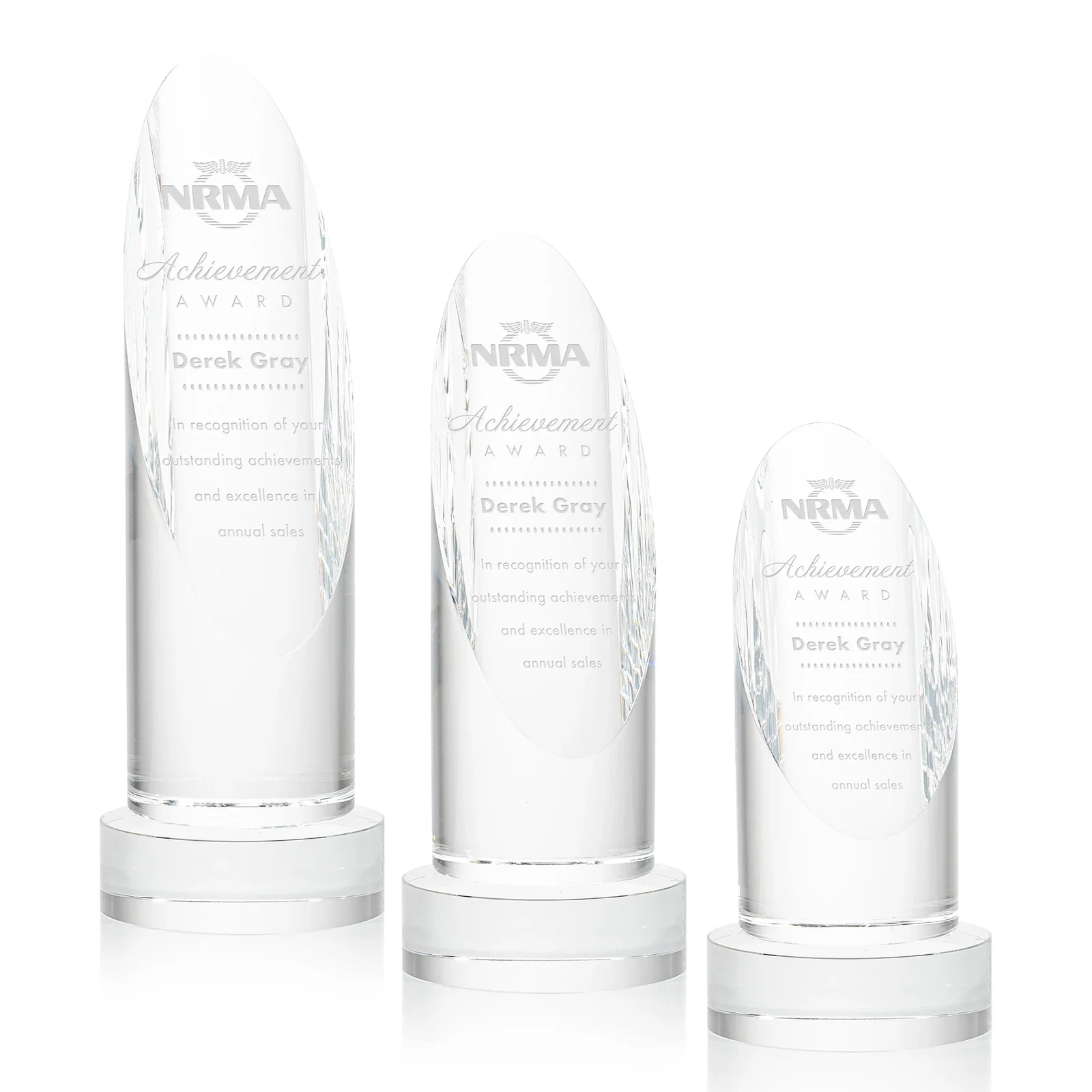 Custom Optical Crystal Oval Pillar Award on Round Base, awards for employee recognition