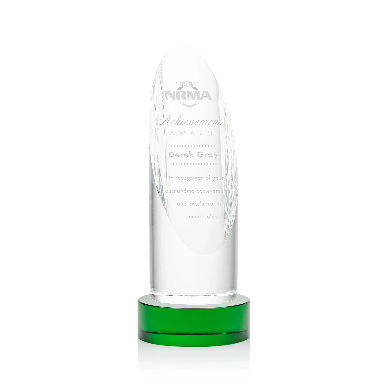 Custom Optical Crystal Oval Pillar Award on Round Base, awards for company anniversary events