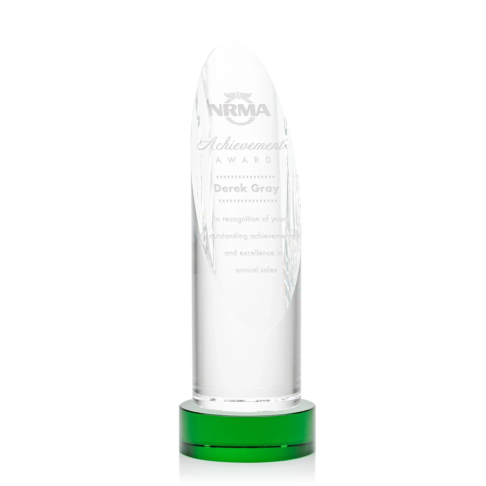Personalized Optical Crystal Oval Pillar Award on Round Base, awards for employee recognition