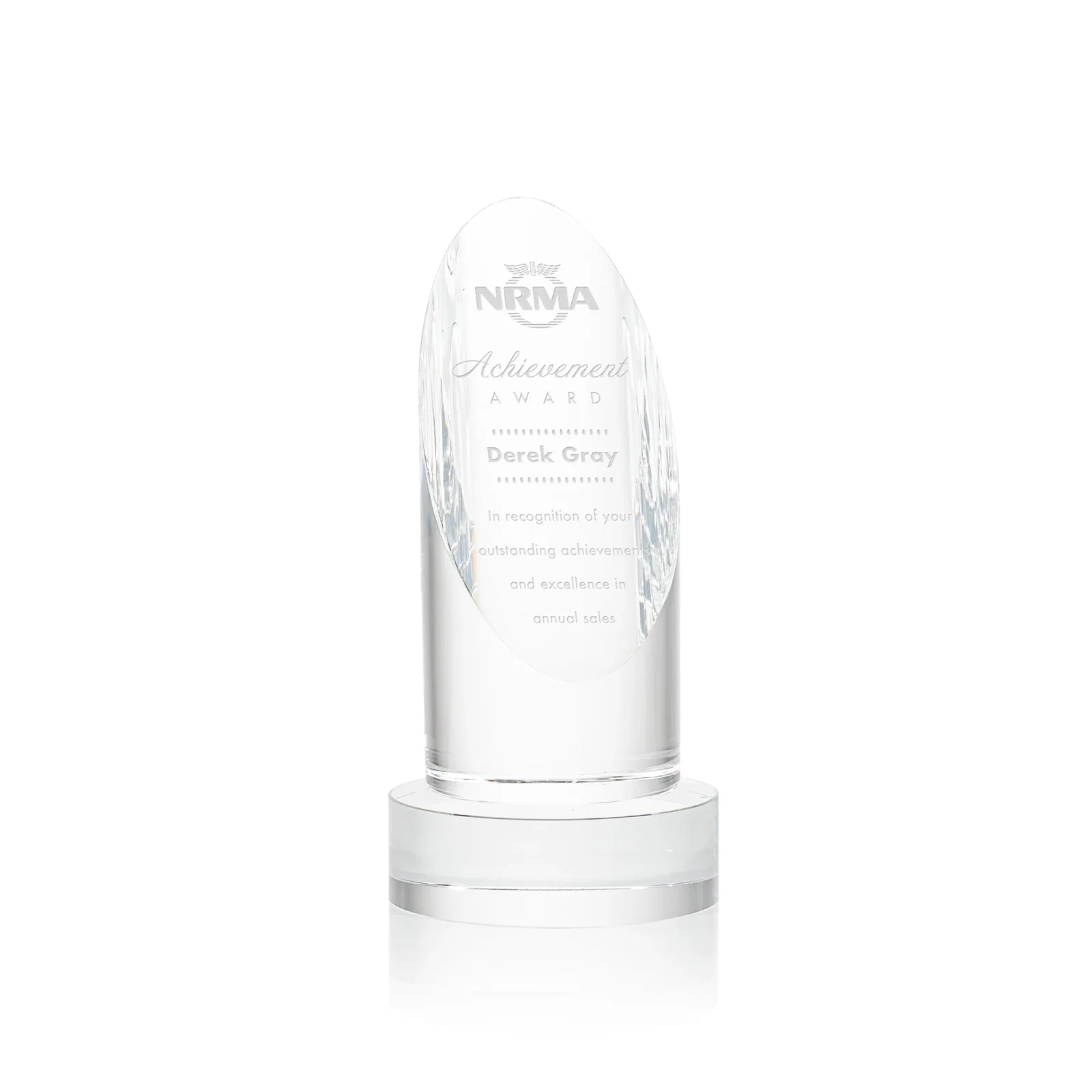 Custom Optical Crystal Oval Pillar Award on Round Base, awards for corporate award ceremonies