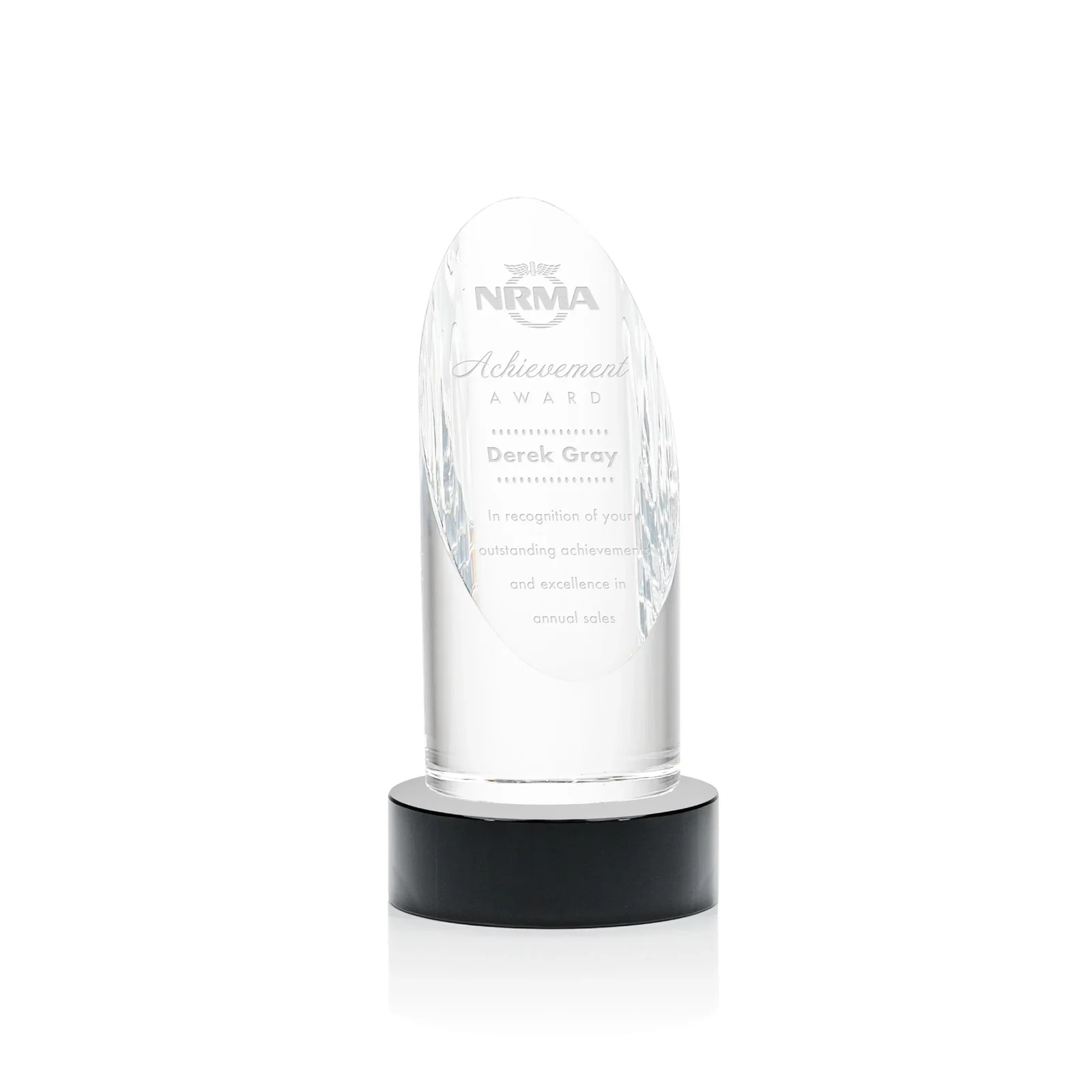 Personalized Optical Crystal Oval Pillar Award on Round Base, awards for donor appreciation