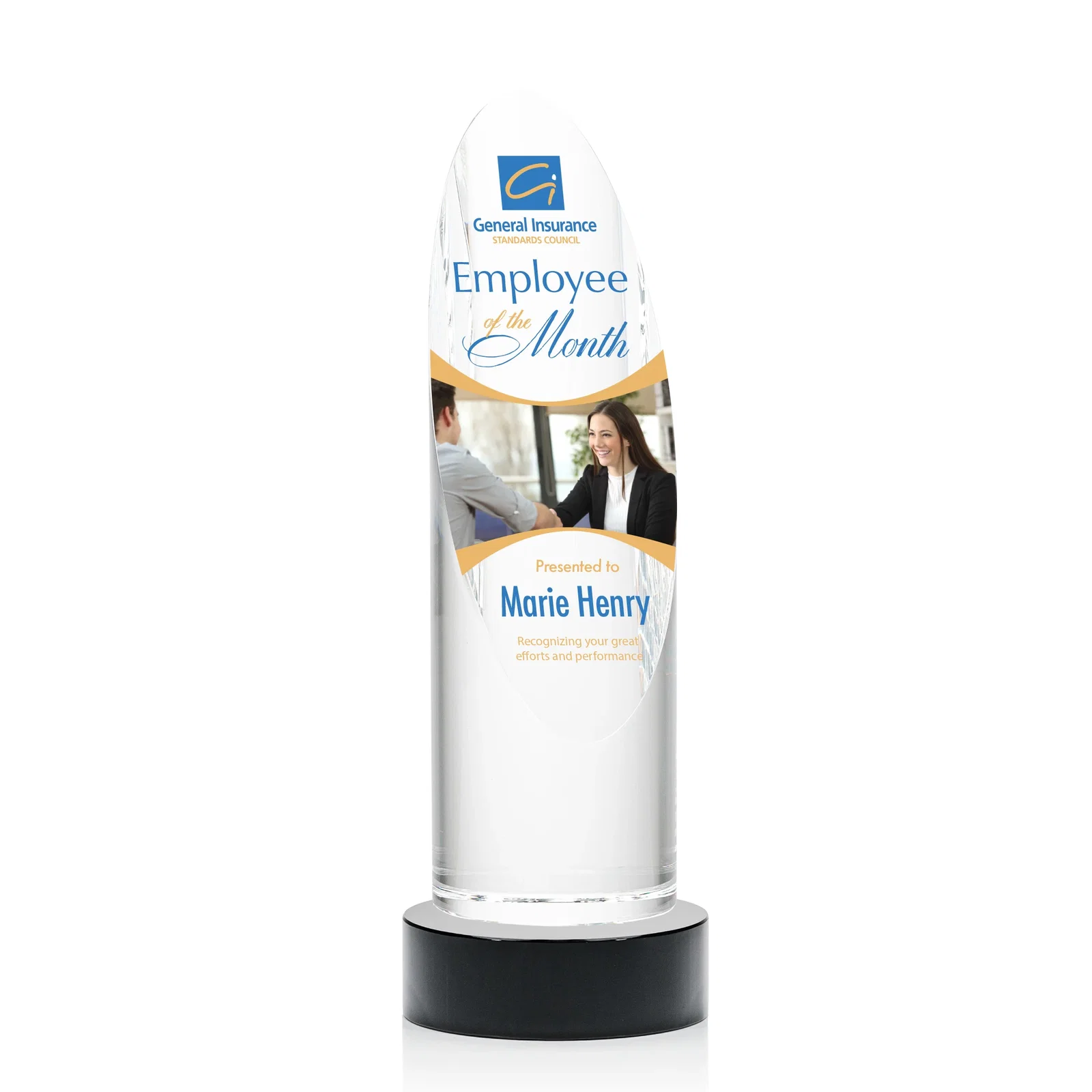Promotional Optical Crystal Oval Pillar Award on Round Base, awards for employee recognition