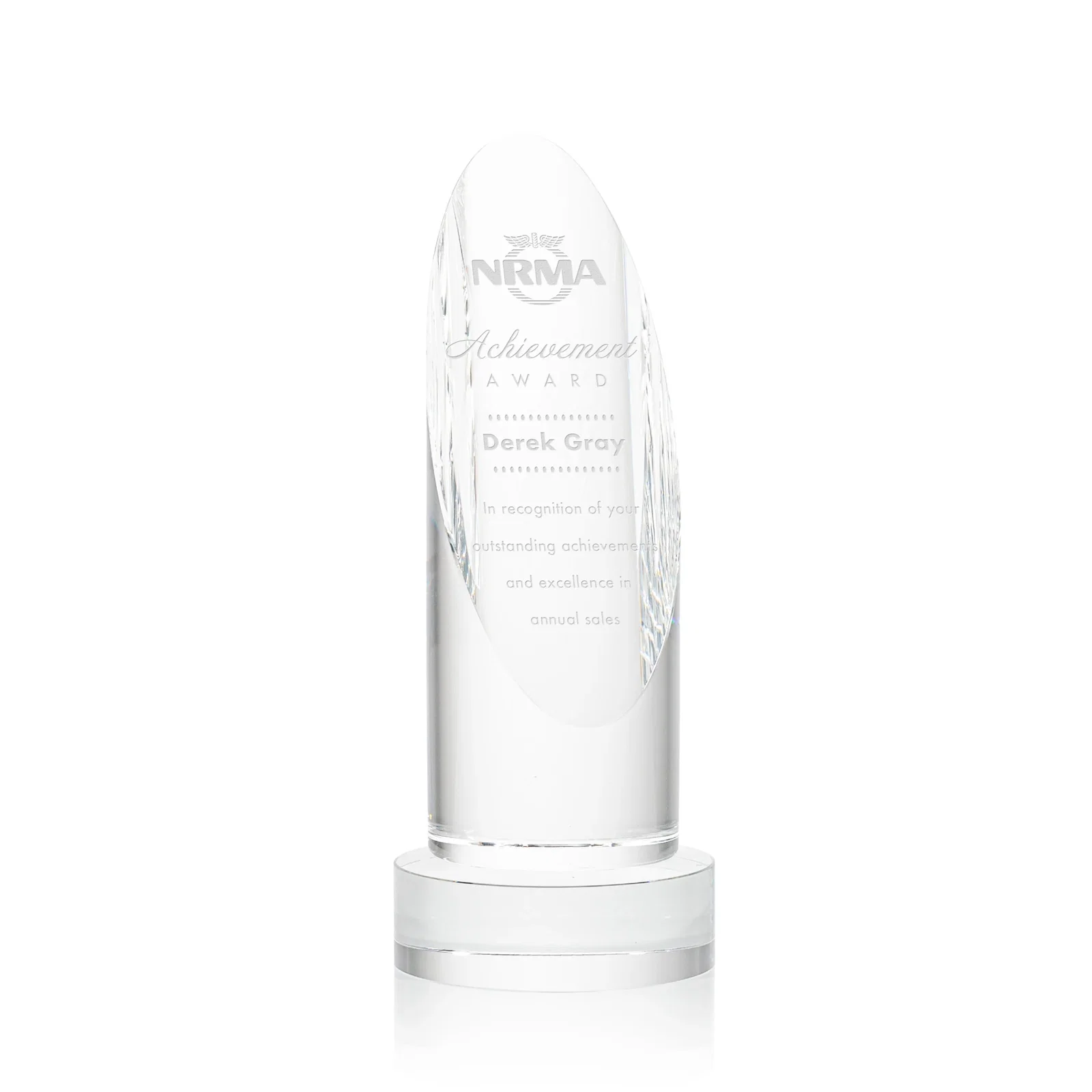 Custom Optical Crystal Oval Pillar Award on Round Base, awards for service anniversary gifts