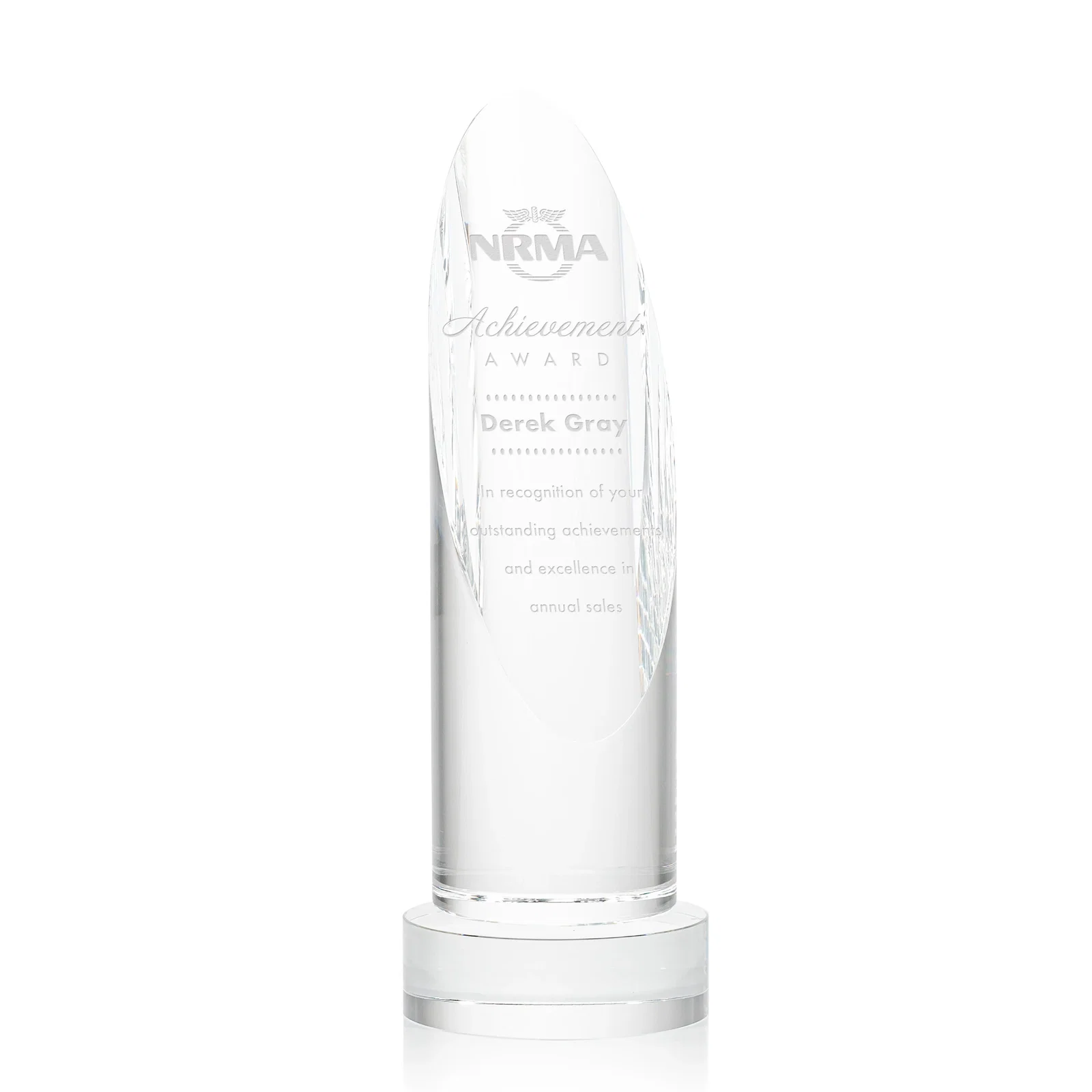 Custom Optical Crystal Oval Pillar Award on Round Base, awards for sales achievement awards