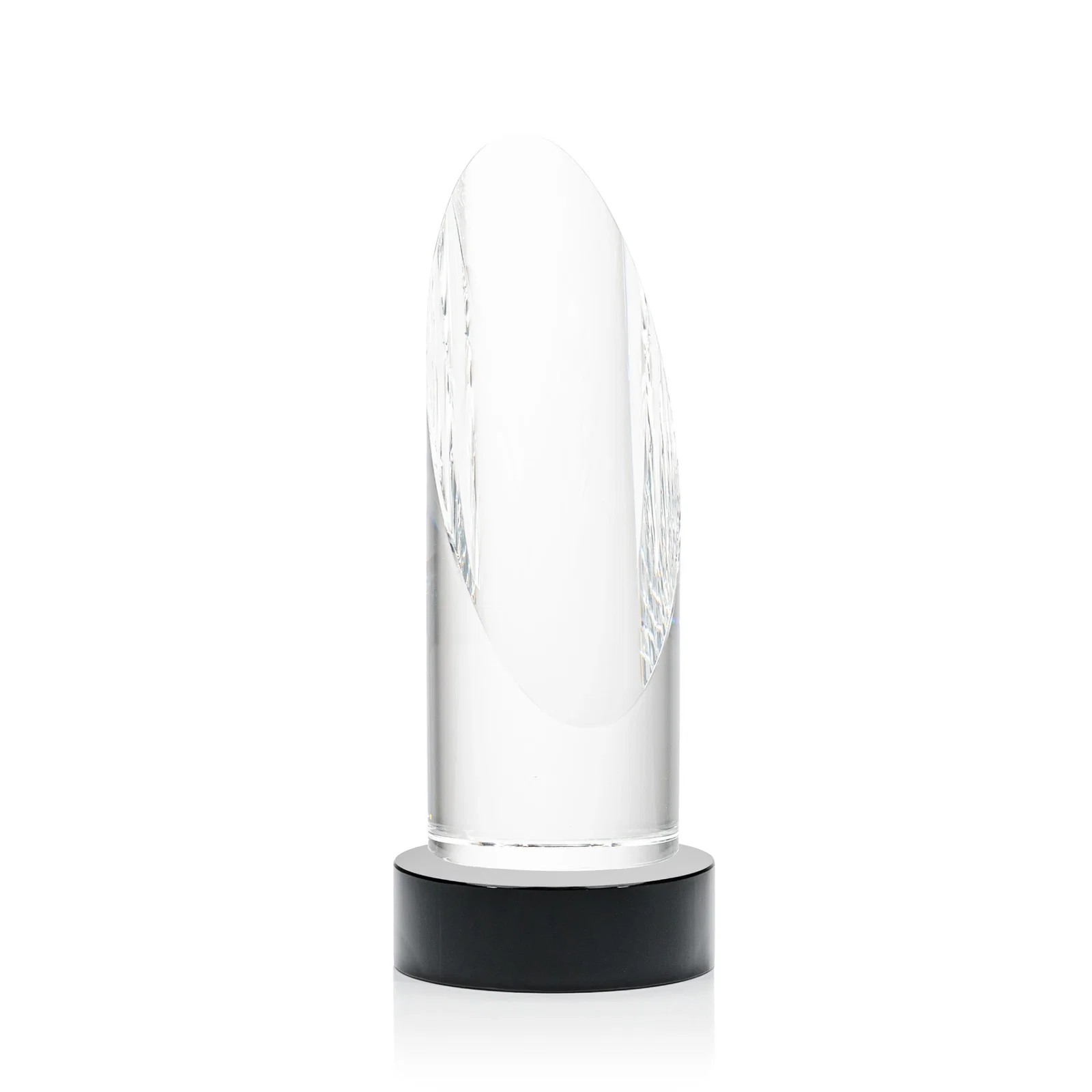 Branded Optical Crystal Oval Pillar Award on Round Base, awards for retirement presentations