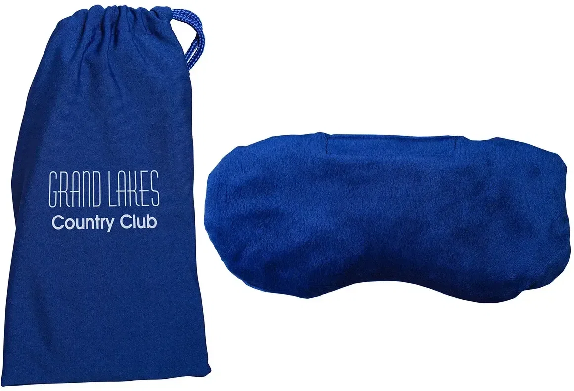 Promotional Lavender Wonder Beads eye mask worn to show fit with room for a branded logo