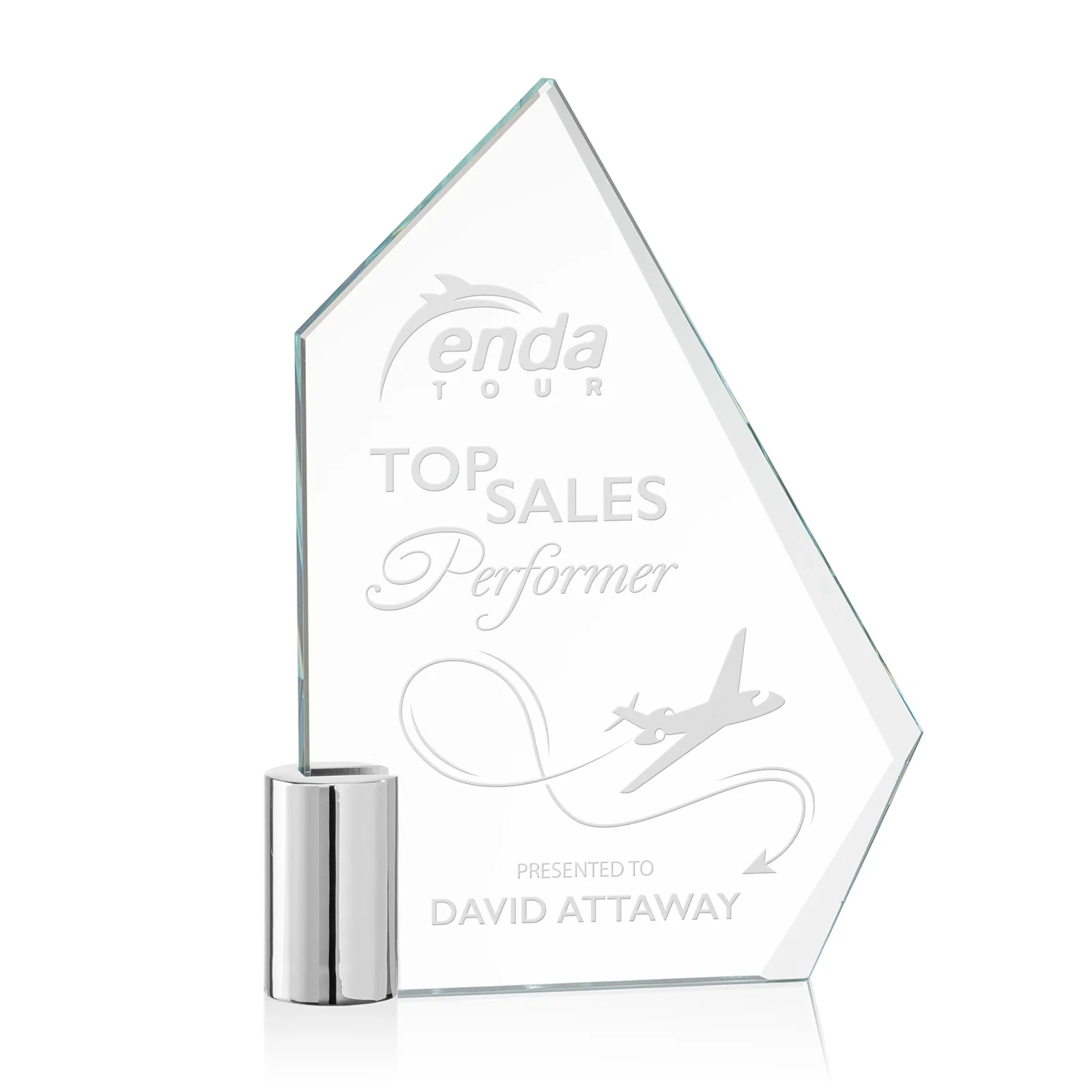 Custom Starfire Crystal Award with a One-Sided Slant, metal awards for sales achievement awards