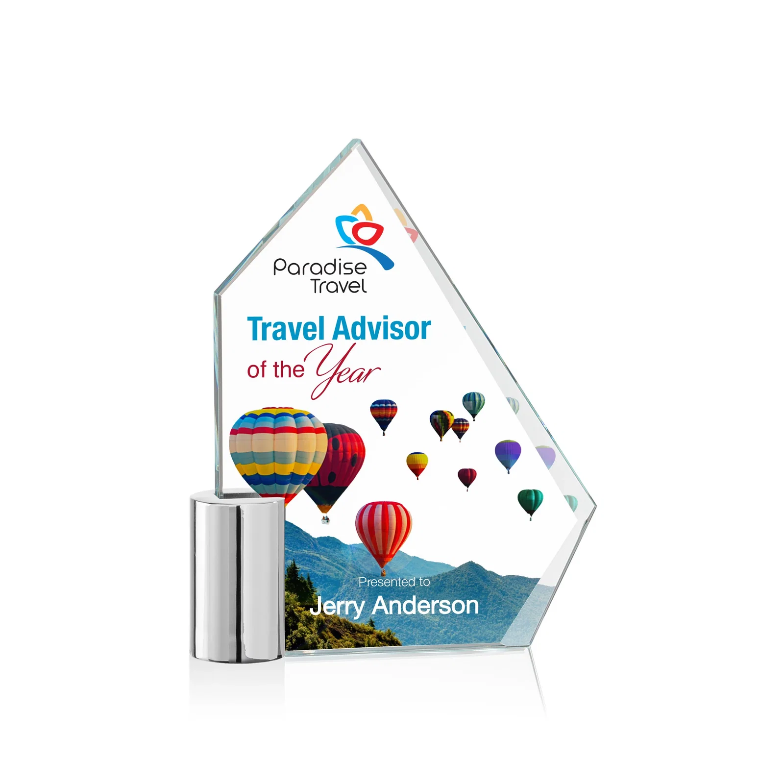 Custom Starfire Crystal Award with a One-Sided Slant, metal awards for donor appreciation