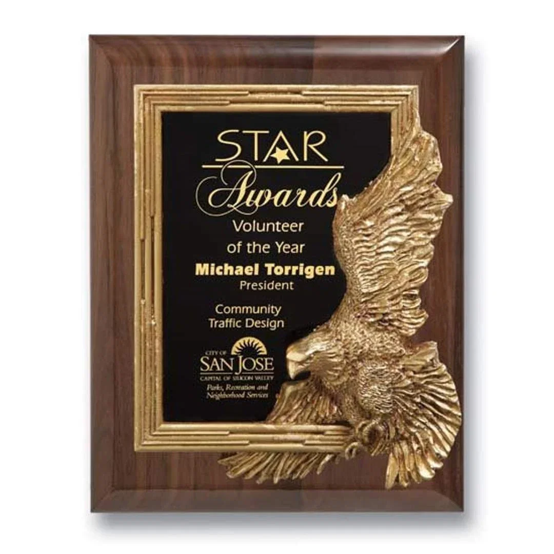 Custom Stonecast Eagle Plaque With Gold-Leaf Edge on Walnut, marble for corporate award ceremonies