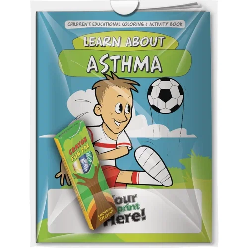 Learn About Asthma coloring book and 4-crayon Fun Pak combo pack kitted in a poly bag
