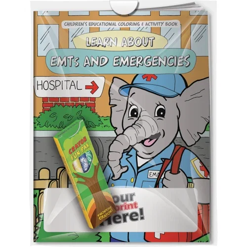Learn About EMTs and Emergencies Coloring Book & Crayons Combo Pack cover with 4 crayons in poly bag