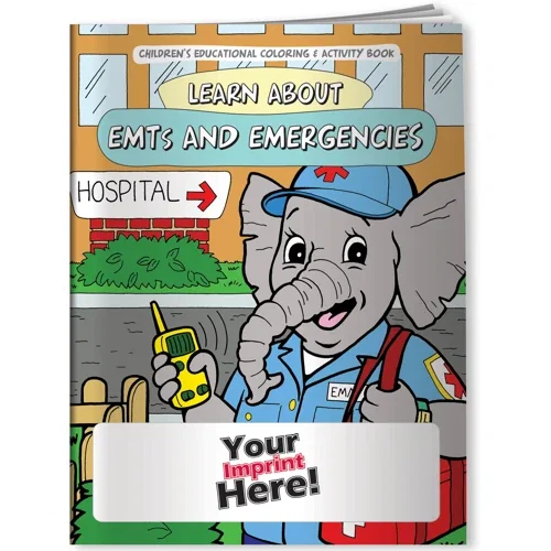 Learn About EMTs and Emergencies Coloring Book open to an ambulance and first-responder page