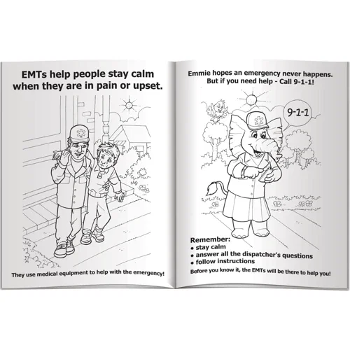 Learn About EMTs and Emergencies Coloring Book EMT equipment coloring spread