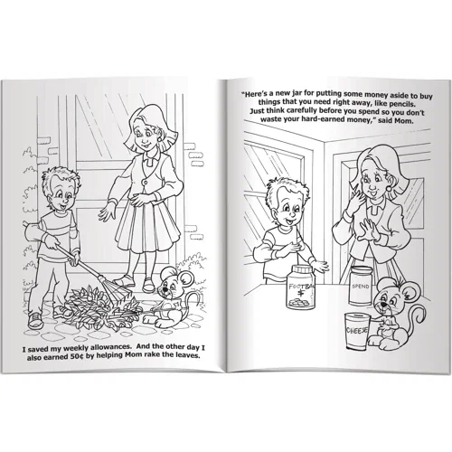 Learning About Money Coloring Book activity page on saving and spending plans for kids