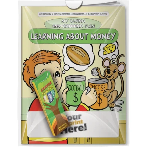 Learning About Money Saving and Spending Plan coloring book with Fun Pak crayons combo