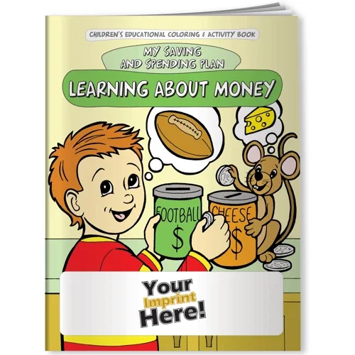 Learning About Money coloring book cover with saving and spending theme art