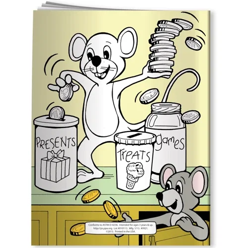 Learning About Money coloring book interior page with finance scenes to color