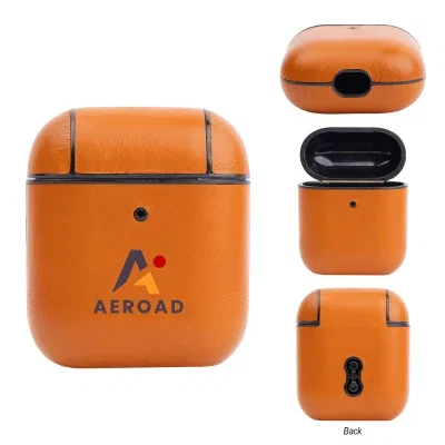 Tan leather case that holds and charges wireless earbuds
