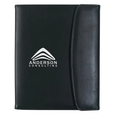 Letter-size portfolio in black leather-look material, closed and shown from the front