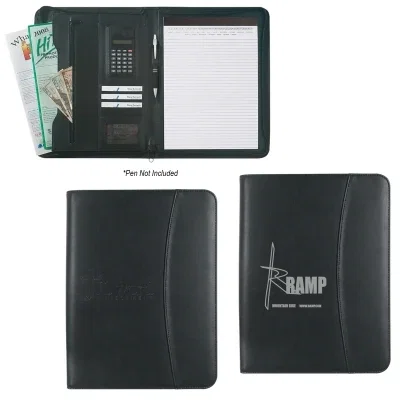 Black zippered portfolio with a built-in calculator, shown open on a flat surface