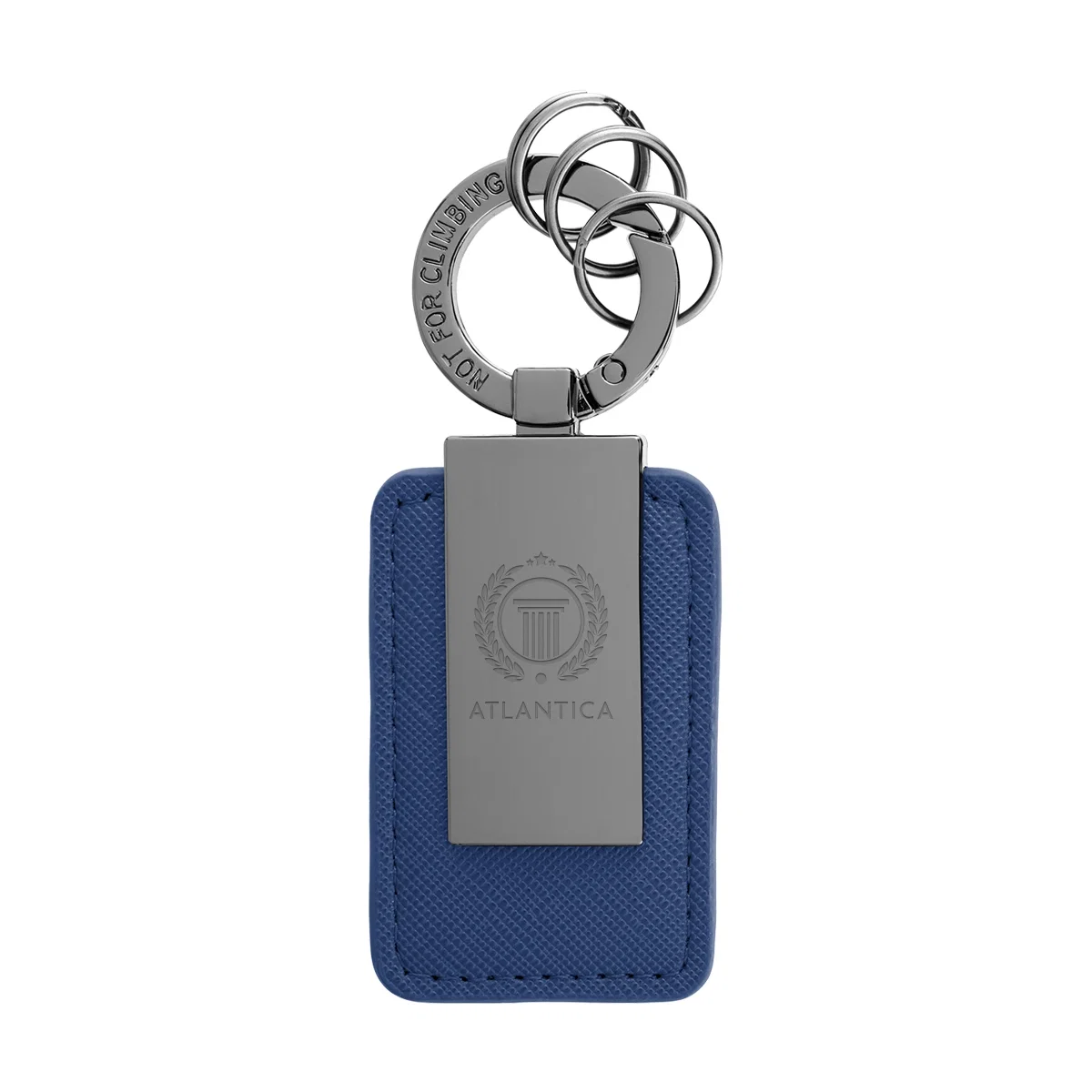 Leatherette key tag paired with a carabiner clip at the top