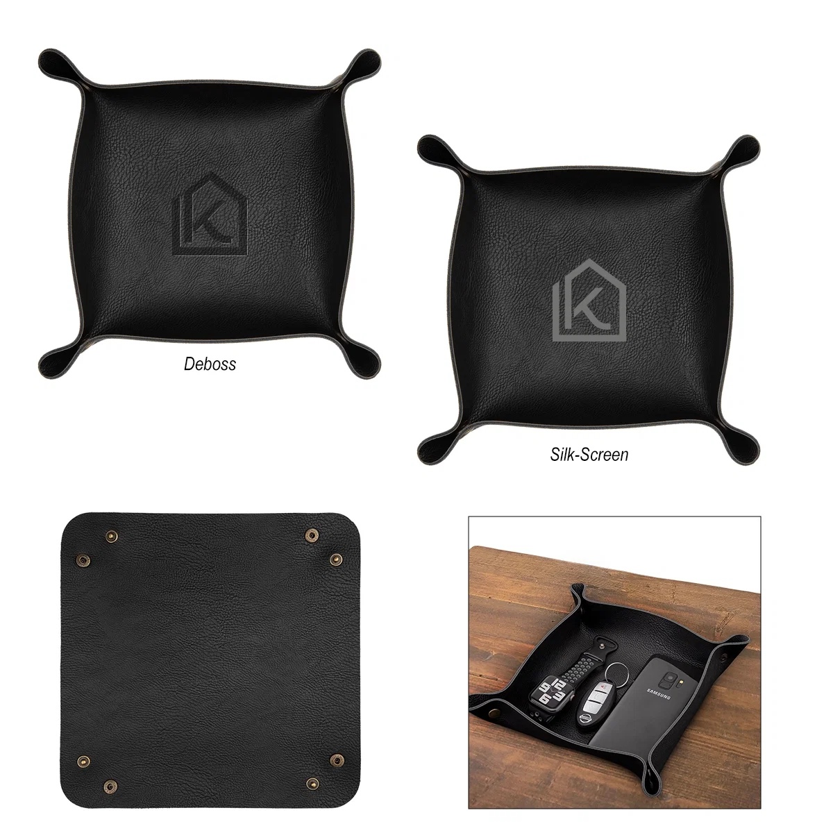 Leatherette catchall tray snapped into a square dish