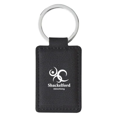 Rectangular leatherette key tag shown front on with its ring