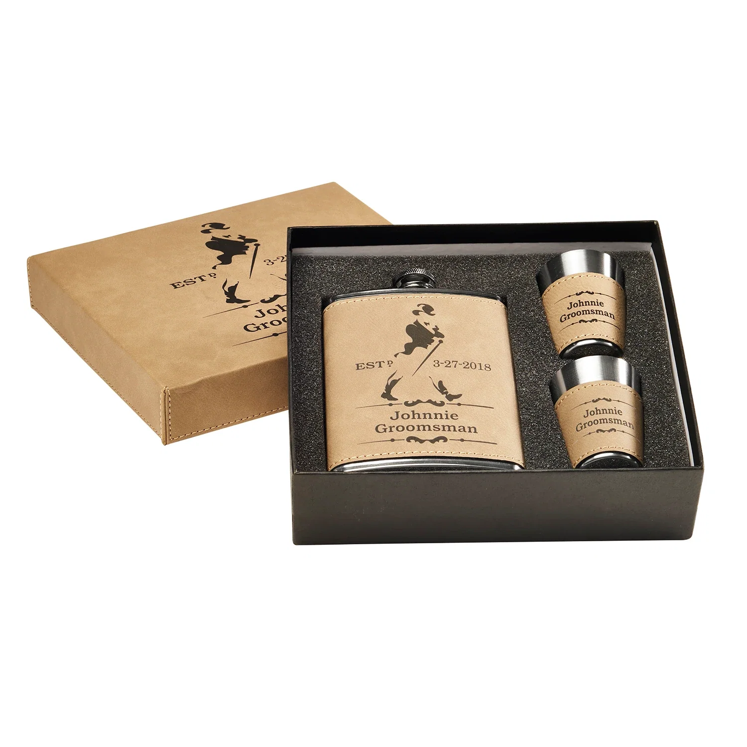 Custom Printed Leatherette Flask Set — Tan — view 3