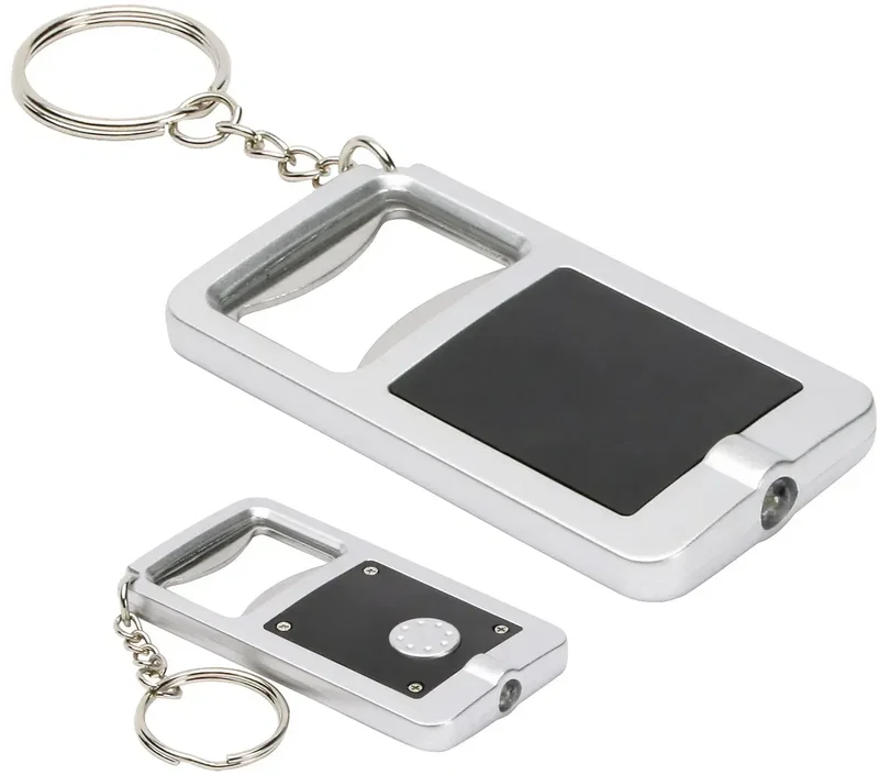 Custom branded single-LED bottle opener keychain, angled view of the promotional cap lifter with logo area