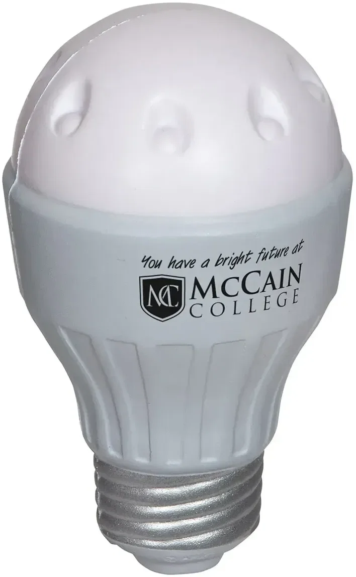 LED light bulb stress reliever with custom logo, branded bulb-shaped promotional squeeze toy