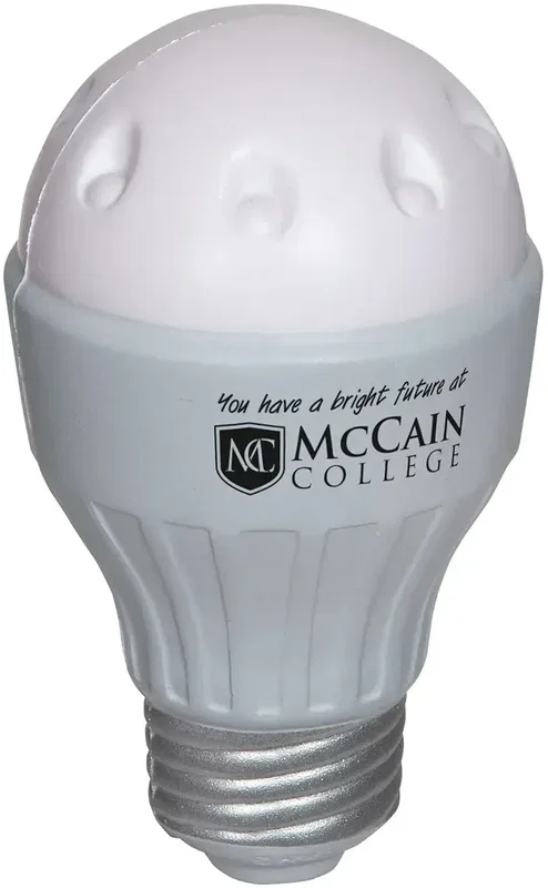 LED light bulb stress reliever with custom logo, branded bulb-shaped promotional squeeze toy