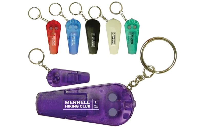 LED Light & Whistle Keychain. Dual-function LED light and whistle keychain for campus safety giveaways