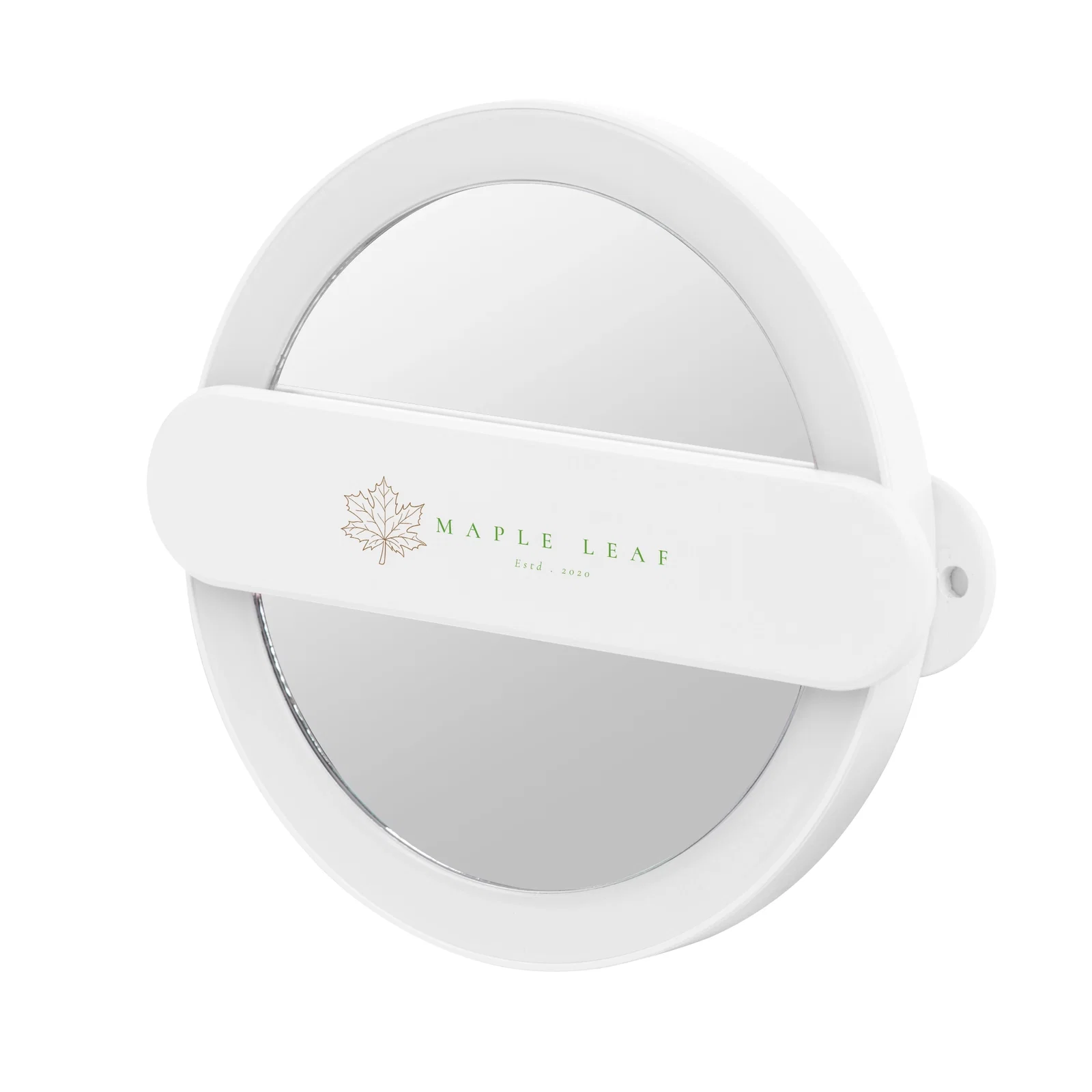 Handle rotates to prop the round mirror upright