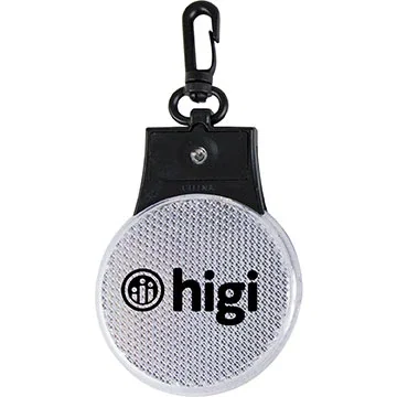 LED safety reflector flasher showing on/off button, red blinking carabiner light