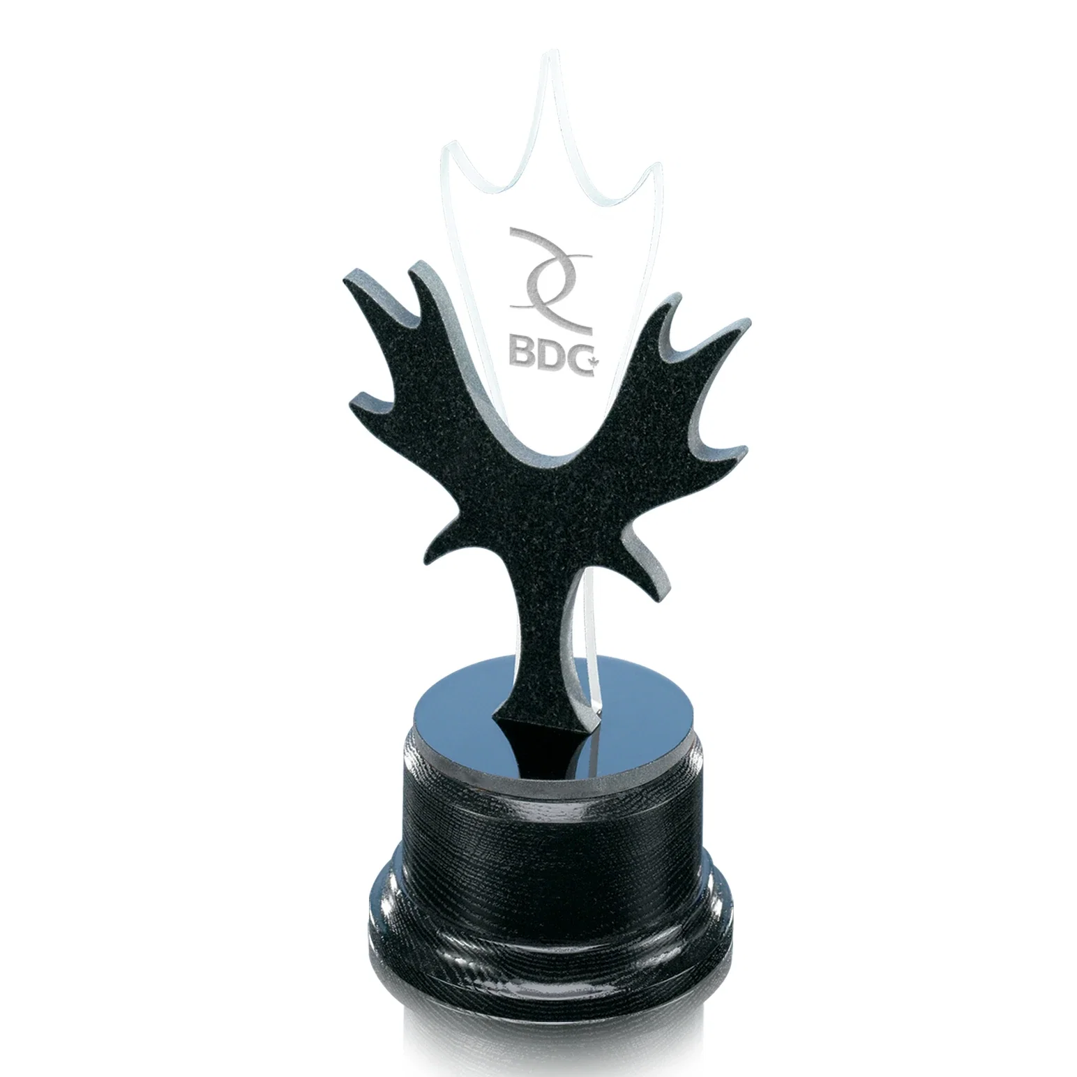 Custom Starfire and Granite Leaf Trophy on Oak Base, marble for employee recognition