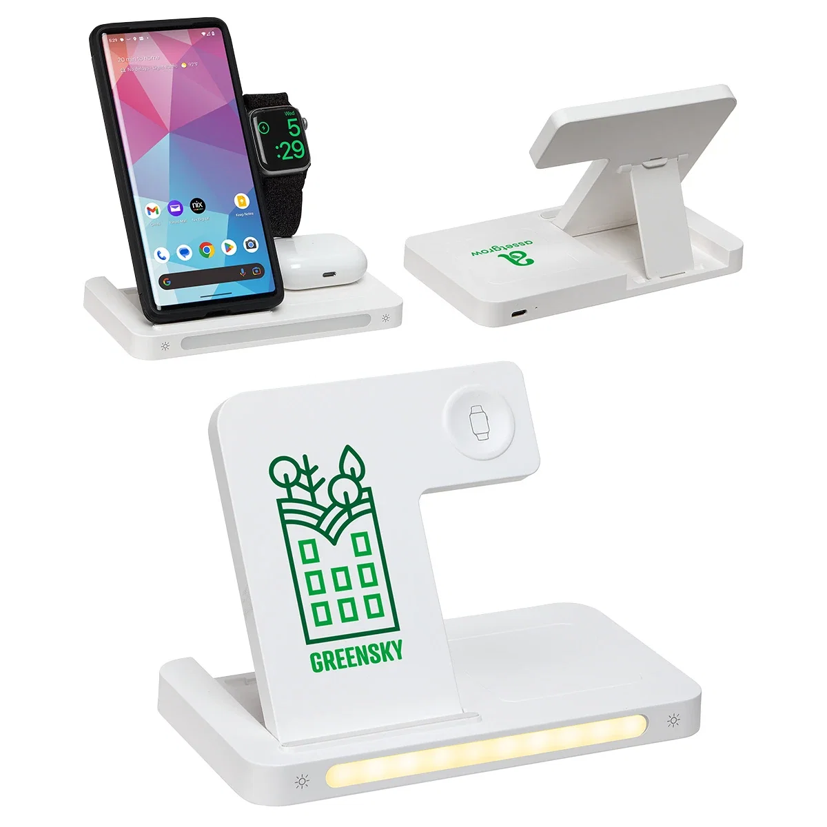 Custom Legion 3-in-1 Charging Station, front view of the branded charging station with ambient lamp