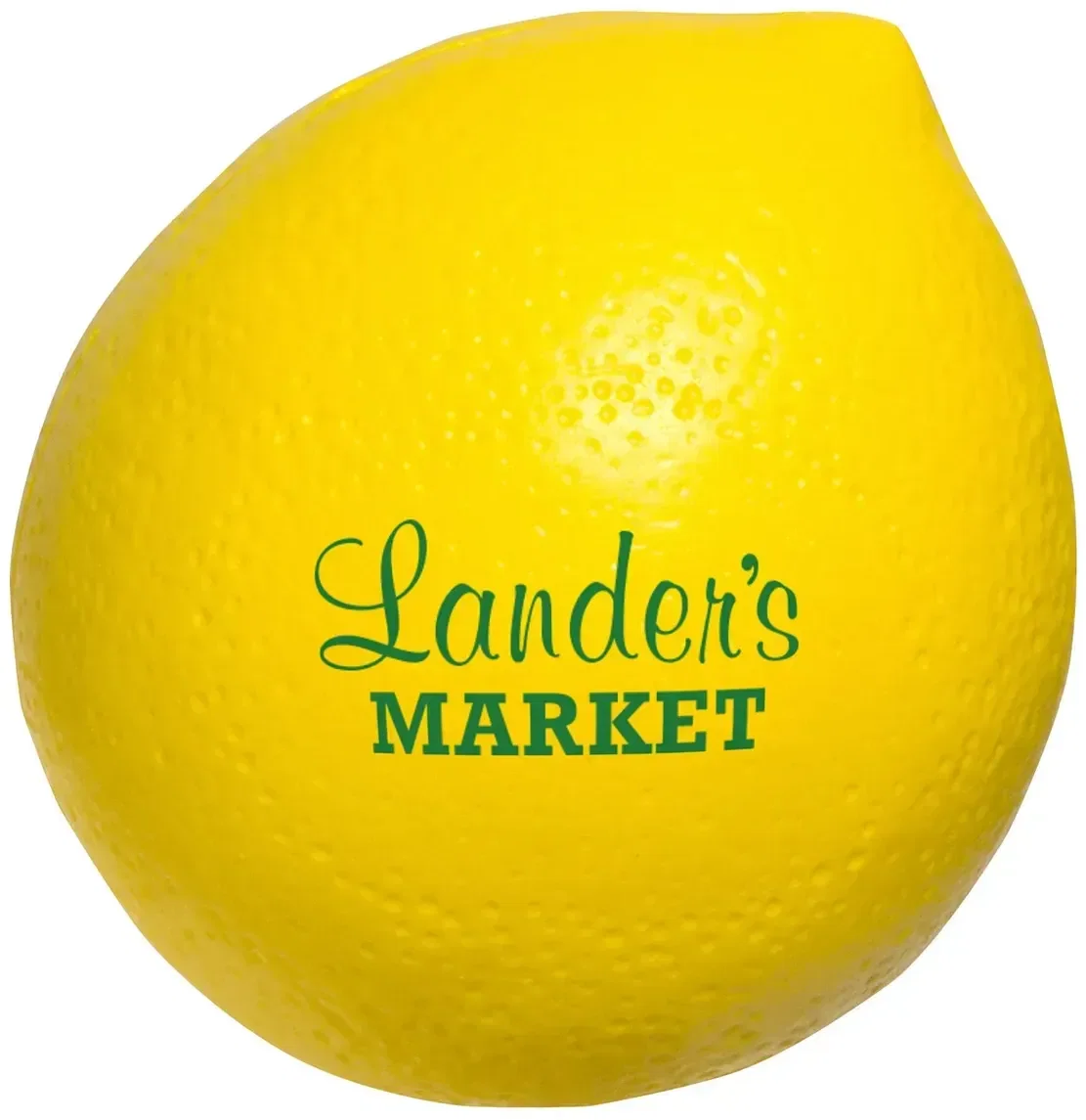Lemon custom stress reliever, whole lemon fruit squeeze toy branded with logo, front view