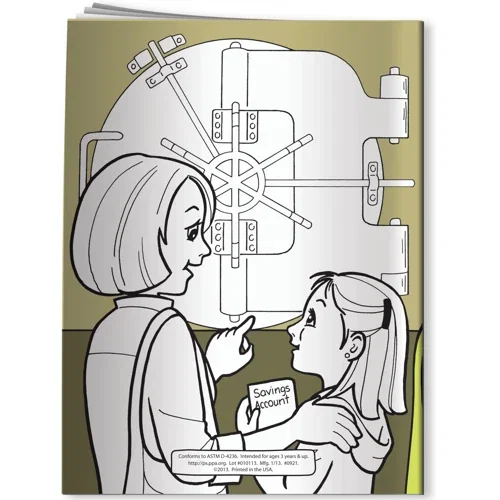 Let's Go to the Bank Coloring Book inside page showing banker explaining savings accounts to color